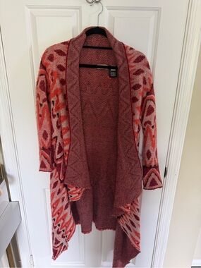 Open-Front Pink & Red Patterned Draped Cardigan